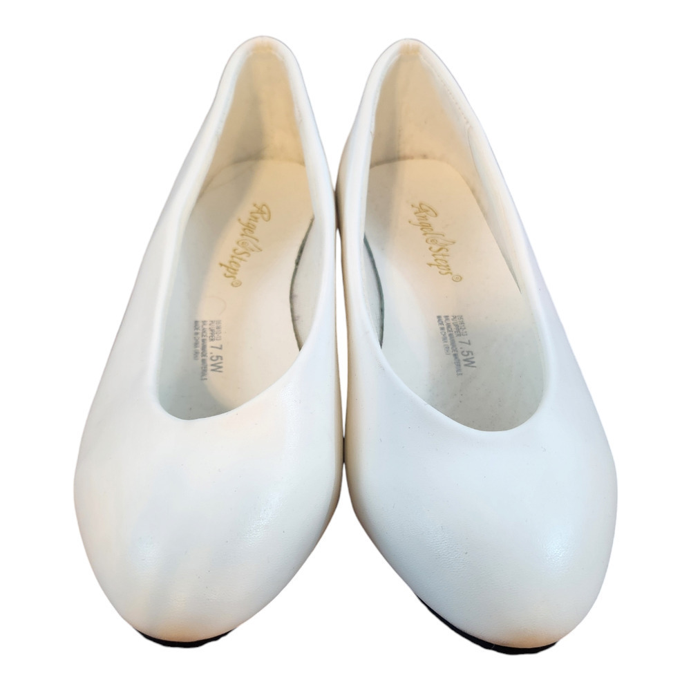 Angel Steps womens white slip on short wedge/flat‎ sz 7.5W workwear wedding